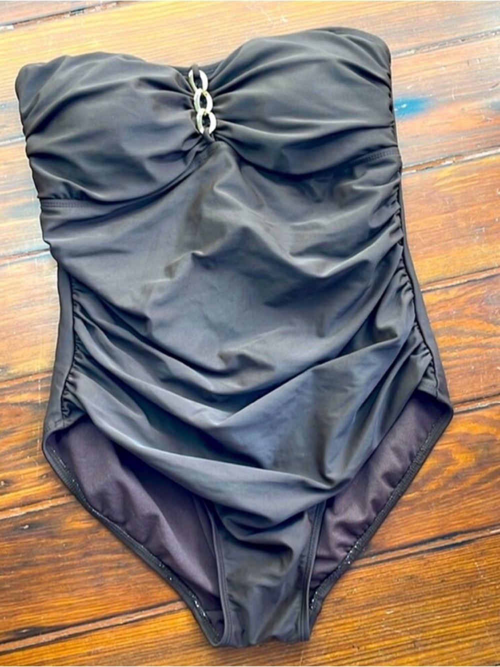 Anne Cole Brown Strapless Ruched One-Piece Swimsuit with Ring Accent